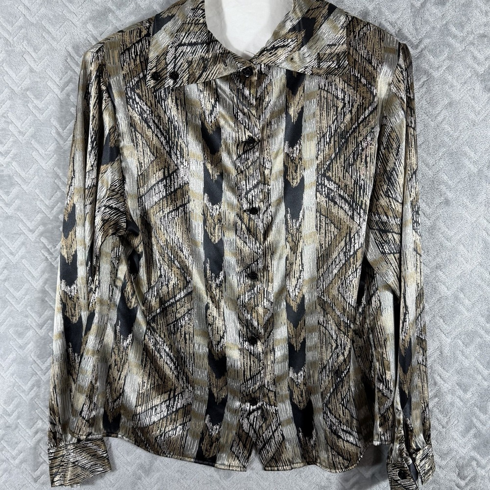 Vintage 70s John Meyer Blouse Women's Metallic Gold‎ Button Butterfly Collar